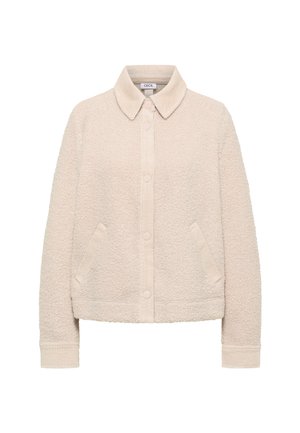 Beige sherpa fleece jakke med trykknapper, kordfløjlskrave, to forlommer og lange ærmer.