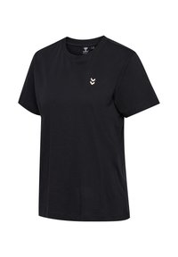 Black short-sleeve crew neck t-shirt with small white double chevron logo on the left chest.