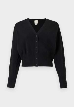 Cardigan scurt negru cu decolteu în V, mâneci lungi și închidere cu nasturi. Fabricat dintr-un material moale, cu tivuri și manșete striate.