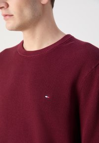 Burgunderfarget strikkegenser med rund hals og teksturert stoff. Har et lite logo-merke med blå, hvite og røde detaljer på brystet.
