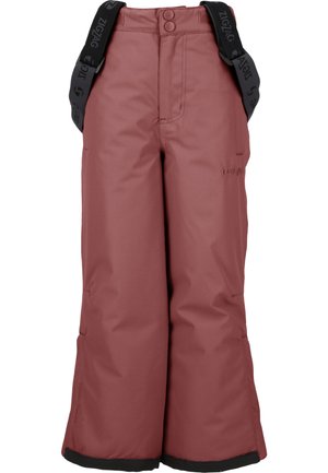 Pantalons de neige bordeaux au design élégant, fabriqués en matériau résistant à l'eau, dotés de bretelles noires réglables et d'une coupe large.