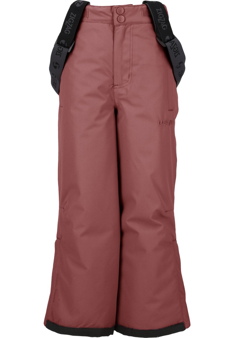 Pantaloni da neve in bordeaux con un design elegante, realizzati in materiale resistente all'acqua, dotati di spallacci neri regolabili e una forma a gamba larga.