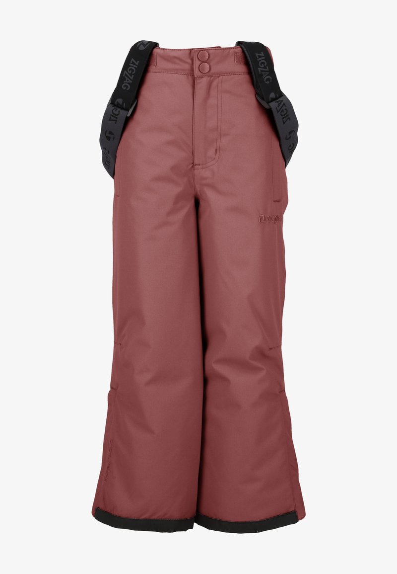 Sne bukser i bordeaux med et elegant design, lavet af vandafvisende materiale, med justerbare sorte stropper og en bred benform.
