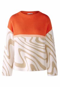 Pullover colorato in maglia con una parte superiore arancione, un motivo ondulato beige su sfondo bianco e scollatura tonda.