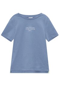 Korte mouwen T-shirt van lichtblauwe katoen met een losse pasvorm, voorzien van grafische tekst op de voorkant en contrasterende groene accenten aan de zoom.