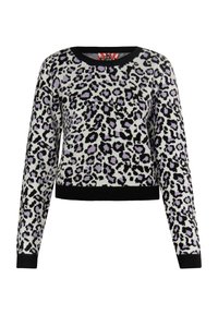 Sweter w leopardzi wzór w kolorze białym, czarnym i lawendowym. Posiada okrągły dekolt oraz długie rękawy z czarnym ściągaczem na dole i na mankietach.