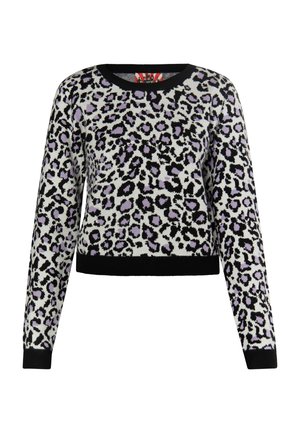 Maglione con stampa leopardata in bianco, nero e lavanda. Presenta un collo a girocollo e maniche lunghe con orlo e polsini a costine neri.