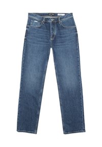 Jeans in denim blu con un design a gamba dritta. Le caratteristiche includono una chiusura con bottone, cinque tasche e cuciture gialle sui bordi.