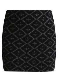 Černá vlněná sukně s texturovaným diamantovým vzorem v šedé. Rovný střih s mírným vzestupem v pase a bez viditelných zapínání.
