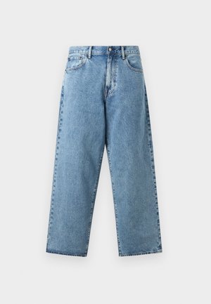 Svetlomodré džínsové nohavice s vysokým pásom, širokými rovnými nohavicami, predným zapínaním na gombíky, zipsom a dizajnom s piatimi vreckami.