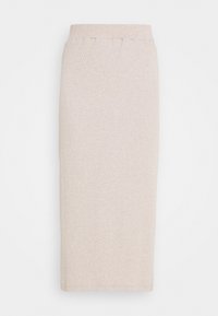 Beige midi sukně vyrobená z elastického materiálu. Má upravený pas a rovný střih. Bez viditelných vzorů či akcentů.