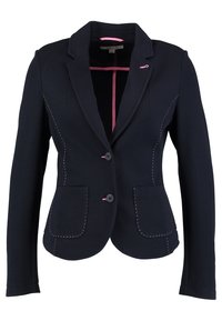 Navy blazer with pink stitching, two front pockets, and a single button closure. Features a notched lapel and subtle internal accents.