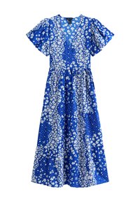 Blaues florales Midikleid mit kurzen Puffärmeln, einem V-Ausschnitt und einer gebundenen Taille. Mit weißen Blumen und Punkten in einem gemusterten Stoff.