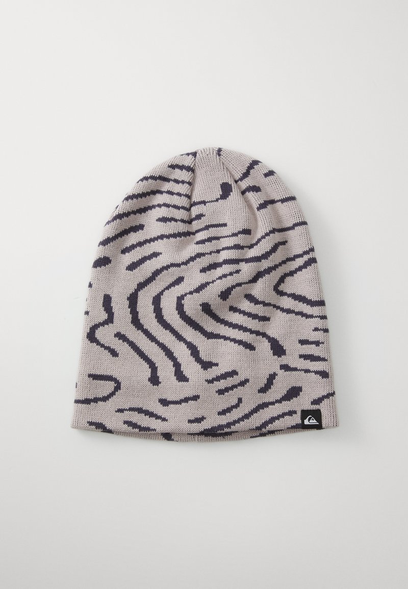 Beanie a maglia grigio chiaro con motivi a onda viola scuro, dotato di risvolto e di un piccolo etichetta con logo sul bordo inferiore.