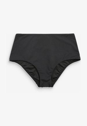 Bas de bikini noir taille haute en tissu lisse, avec des bords sans coutures et un design classique. Aucun motif ni accent supplémentaire n'est visible.