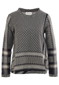 Top a maniche lunghe bianco e nero con un collo rotondo, caratterizzato da vari design geometrici e una vestibilità rilassata. Etichetta visibile all'interno.