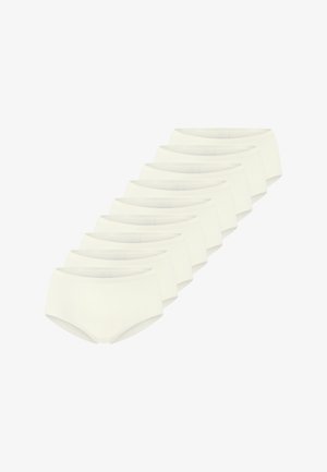 Pakkaus, jossa on kahdeksan valkoista puuvillabriefiä, joissa on sileä pinta ja klassinen briefimalli leveällä vyötärönauhalla ja minimaalisilla saumoilla.