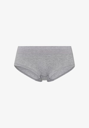 Graue Baumwoll-Hipster-Unterwäsche mit einem weichen elastischen Bund, der sanfte horizontale Streifen in Rosa und Hellblau aufweist.