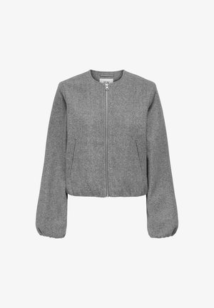 Grau geschnittene Jacke aus strukturiertem Stoff mit Rundhalsausschnitt, Frontreißverschluss und puffierten langen Ärmeln sowie seitlichen Taschen.