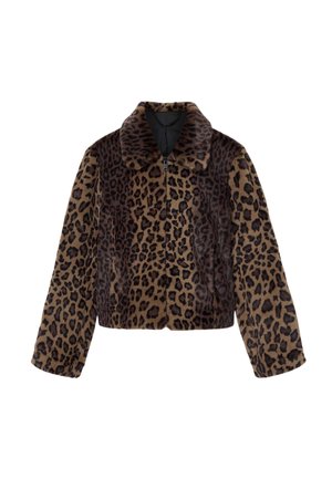 Leopardprint-Fauxfurjacke mit Kragen, cropped Design, frontale Reißverschlussöffnung und langen Ärmeln in Braun- und Schwarztönen.