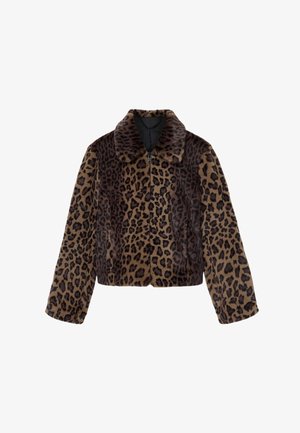 Leopardprint-Fauxfurjacke mit Kragen, cropped Design, frontale Reißverschlussöffnung und langen Ärmeln in Braun- und Schwarztönen.