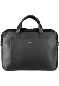 Schwarze Leder-Laptoptasche mit zwei oberen Griffen, glatter Textur, Reißverschluss und einer Vordertasche mit kleinem silbernen Logo.