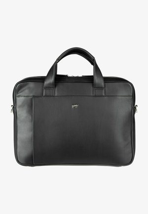 Schwarze Leder-Laptoptasche mit zwei oberen Griffen, glatter Textur, Reißverschluss und einer Vordertasche mit kleinem silbernen Logo.