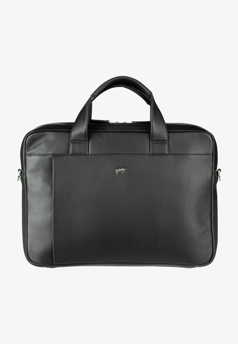 Zwarte leren laptoptas met dubbele handgrepen bovenaan, een gladde textuur, ritssluiting en een voorvak met een klein zilveren logo.
