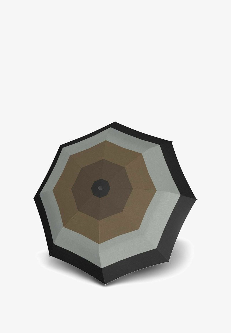 Patterned octagonal umbrella with segments in brown, gray, and black, featuring a textured fabric finish and a central black button.