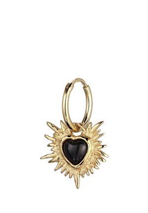 Goldener Creolen-Ohrring mit einem stacheligen Sonnenstrahl-Anhänger mit einem zentralen schwarzen herzförmigen Stein.