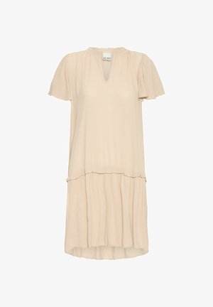 Kratka, bež obleka s kratkimi rokavi in V-izrezom, z nabranim ovratnikom in večplastnim robom. Narejena iz lahkega, teksturiranega blaga, ki vključuje diskretne gube.