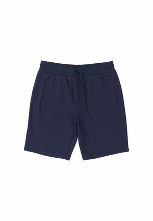 Navy blue casual shorts with elastic waistband and drawstring, featuring two side pockets on a white background.