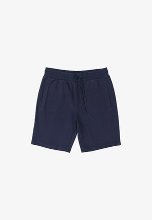Pantaloncini casual blu navy con cintura elastica e coulisse, con due tasche laterali su sfondo bianco.