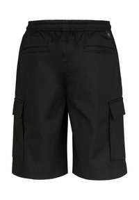 Zwarte cargoshorts met een elastische tailleband, twee zijzakken en twee achterzakken met klepsluitingen. Gemaakt van een soepele, duurzame stof.