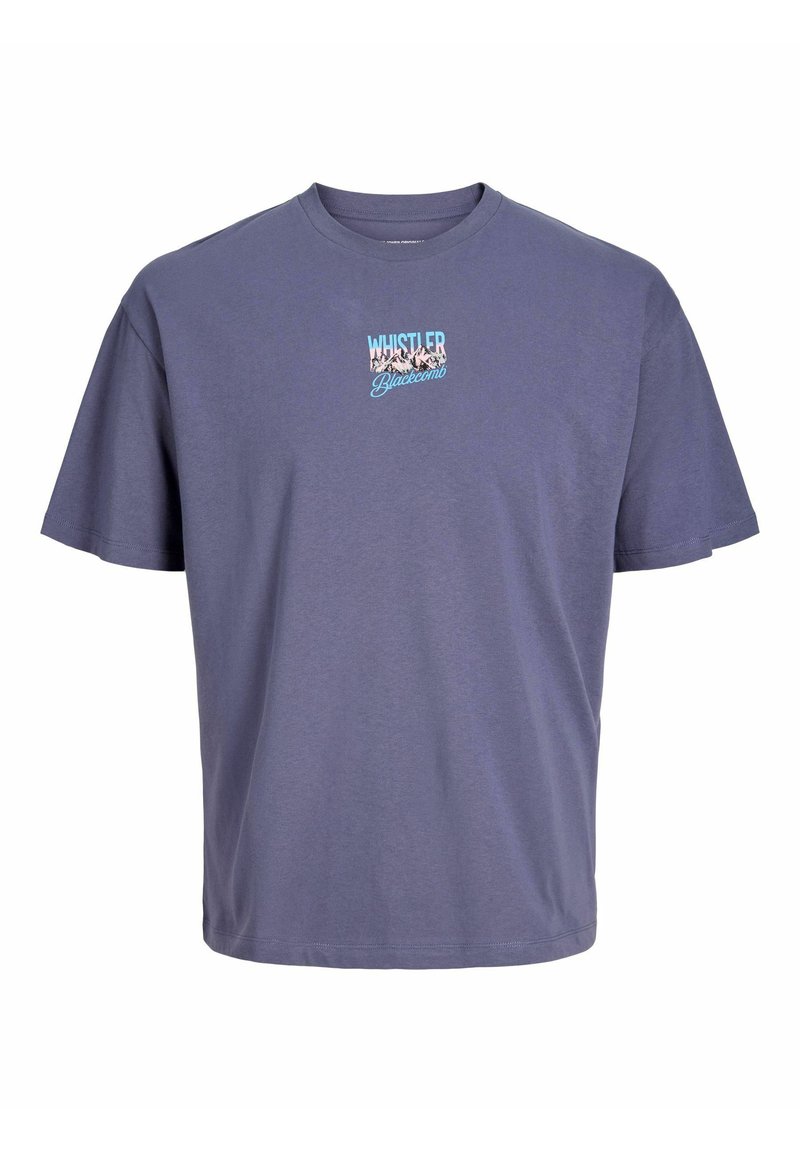 Lilla bomulds-t-shirt med korte ærmer, der har et lille grafisk motiv med "WHISTLER" og "Blackcomb" i lyseblå og hvid på forsiden.