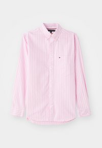 Long-sleeve button-up shirt in light pink with white vertical stripes, featuring a chest pocket and a small logo on the pocket.
