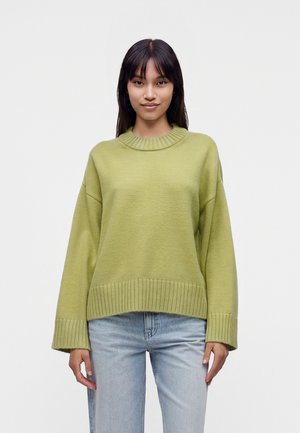 Jeune femme aux cheveux lisses et foncés, portant un pull vert clair oversize et un jean bleu clair, debout devant un fond uni.