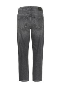 Vue arrière d'un jean en denim gris avec deux poches arrière, passants de ceinture et coupe droite.