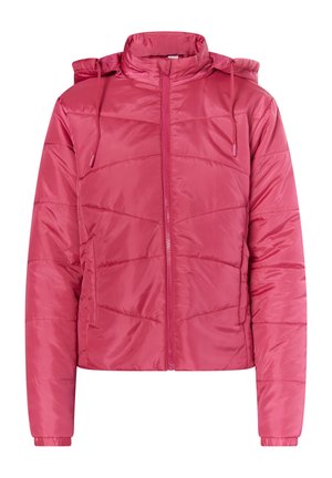 Pinken gepolsterte Jacke mit Reißverschluss vorne, verstellbare Kapuze und gerippten Bündchen. Verfügt über ein diagonales Nähmuster auf einem glatten, glänzenden Stoff.