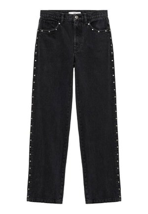 Jeans negri din denim cu un design drept, având accente metalice pe cusăturile laterale și două buzunare frontale.