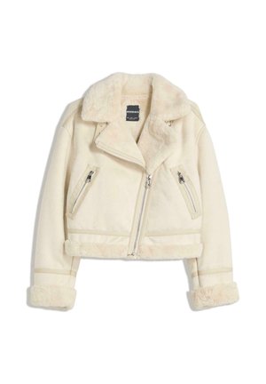Cropped light beige faux shearling jacket with a wide collar, two zippered chest pockets, and fur-lined cuffs and hem. Silver hardware accents.