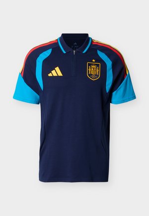 Marineblå Spania fotballtrøye med lyseblå ermer, røde og gule skulderstriper, Adidas-logo og Spania nasjonale lagets våpenskjold med stjerne.