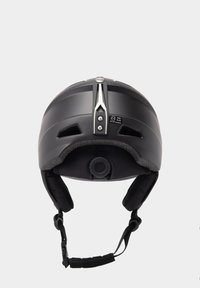 Black ski helmet with a smooth exterior, adjustable fit, side vents, and padded interior for comfort. Features a central fastening hardware.