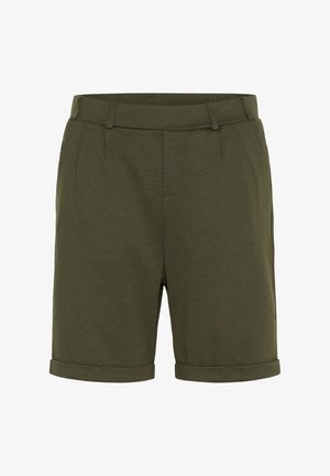 Olivgrüne Shorts aus einem weichen Material, mit einem umgeschlagenen Saum, vorderen Falten und zwei seitlichen Taschen für praktische Nutzung.