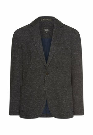 Mørkegrå blazer lavet af struktureret stof, med slået revers, enkelt knaplukning og to forlomme. Foret inderside synlig.