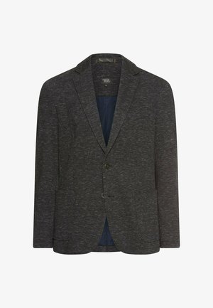 Mørkegrå blazer lavet af struktureret stof, med slået revers, enkelt knaplukning og to forlomme. Foret inderside synlig.
