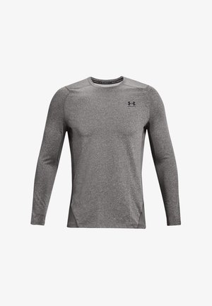 Langärmliges Sportshirt in meliertem Grau, aus glattem, dehnbarem Stoff; mit Rundhalsausschnitt und Logo auf der linken oberen Brustseite.