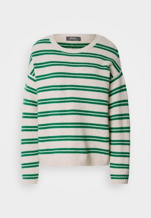 Pulover tricotat cu dungi, având o bază crem cu dungi verzi, gât rotund și tiv și mansete cu revere. Textură moale, croială lejeră.