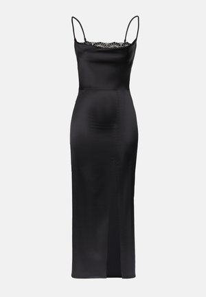 Black satin dress with spaghetti straps, lace trim at neckline, form-fitting silhouette, and a side slit for ease of movement.