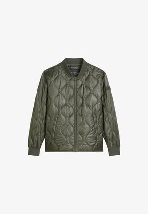 Olijf groene, gewatteerde bomberjack met geribbelde kraag, manchetten, een voorrits en twee ritszakken.